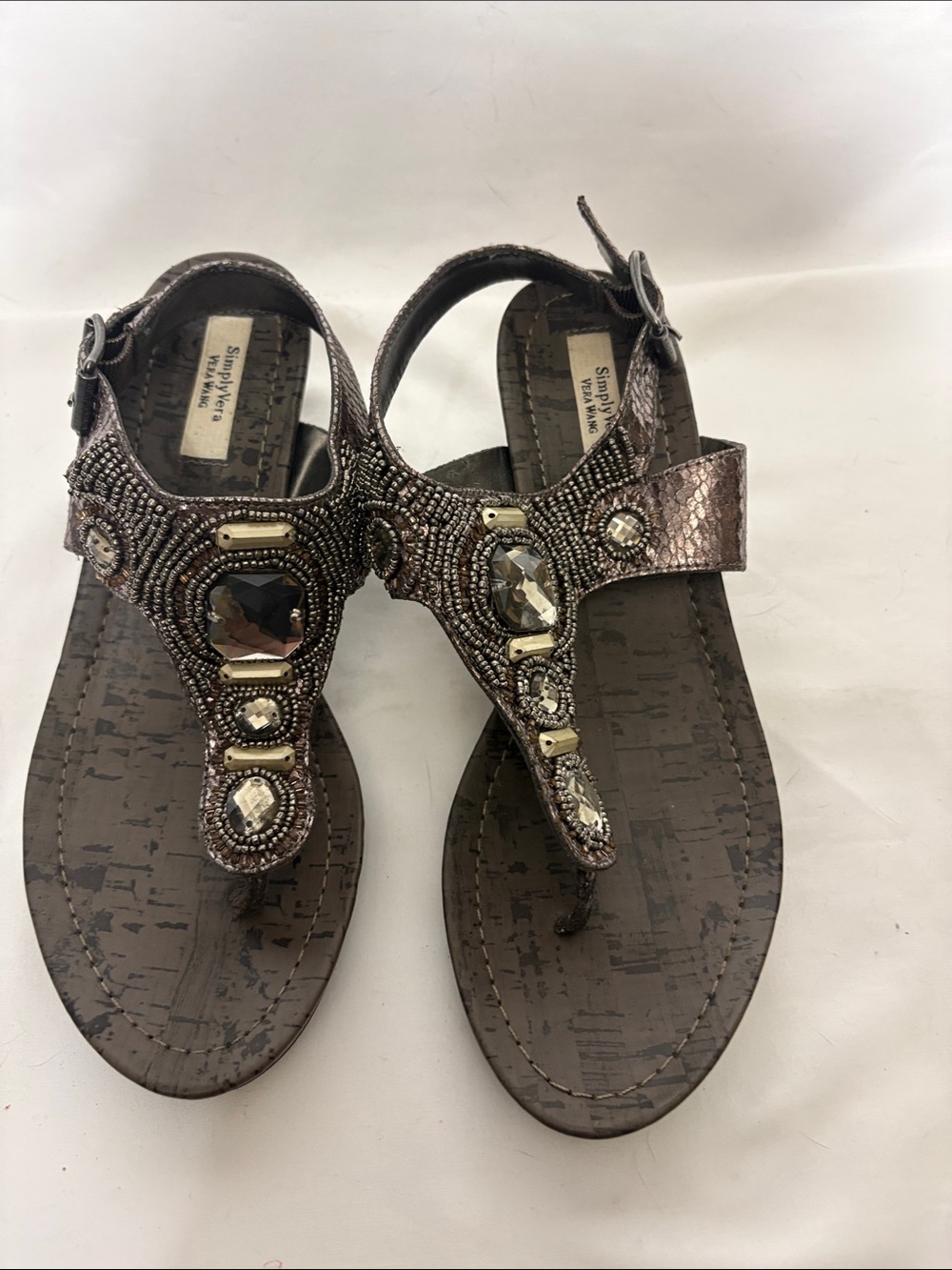 Simple Vera  Dark Pewter Jeweled T‑Strap Sandals